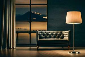 a leather couch and lamp in a room with a view. AI-Generated photo