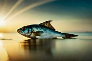 un pescado es nadando en el agua a puesta de sol. generado por ai foto