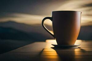 a coffee cup sits on a table in front of a mountain. AI-Generated photo