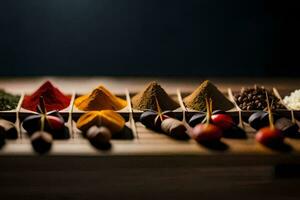 various spices and herbs in wooden bowls. AI-Generated photo