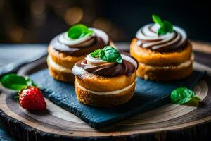 three mini cakes with chocolate frosting on a wooden board. AI-Generated photo