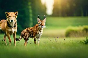 two tigers are walking in the grass. AI-Generated photo