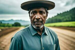 un hombre vistiendo un sombrero soportes en un campo. generado por ai foto