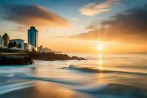 el Dom sube terminado el Oceano y edificios en el antecedentes. generado por ai foto