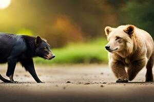 two black bears walking on a dirt road. AI-Generated photo