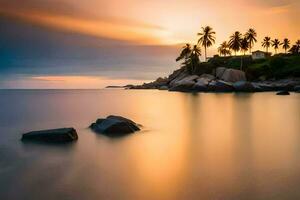 un puesta de sol terminado el Oceano con palma arboles generado por ai foto
