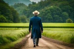 a man in a suit and hat walking down a dirt road. AI-Generated photo