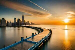 a long exposure photograph of a pier in front of a city skyline. AI-Generated photo