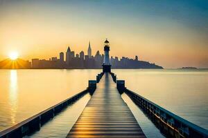 a pier with a city skyline in the background. AI-Generated photo