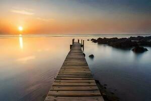 a wooden dock stretches into the ocean at sunset. AI-Generated photo
