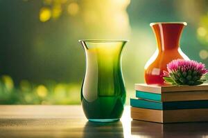 a vase and books on a table. AI-Generated photo