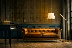 a living room with a piano, leather couch and a lamp. AI-Generated photo