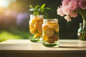 lemon and water in a jar on a table. AI-Generated photo