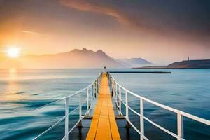 un muelle en el Oceano con montañas en el antecedentes. generado por ai foto