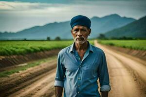 an old man standing in a dirt road with mountains in the background. AI-Generated photo