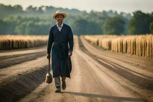 a man in a hat and coat walking down a dirt road. AI-Generated photo