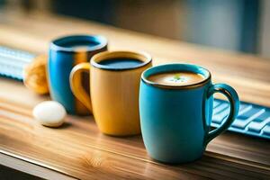 three coffee cups with milk and eggs on a wooden table. AI-Generated photo