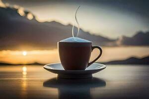 a cup of coffee on a table with a sunset in the background. AI-Generated photo