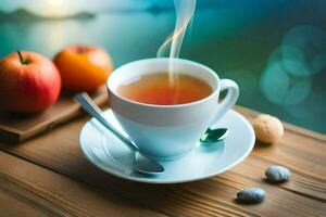 a cup of tea with an apple and a spoon on a wooden table. AI-Generated photo