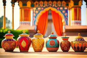 a row of colorful vases lined up in front of a colorful structure. AI-Generated photo