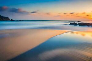 puesta de sol en el playa, largo exposición, agua, playa, hd fondo de pantalla. generado por ai foto