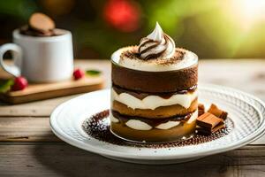a dessert on a plate with chocolate and whipped cream. AI-Generated photo