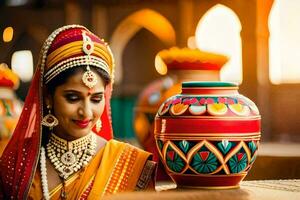 un hermosa indio mujer en tradicional atuendo es posando con un maceta. generado por ai foto