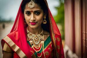 a beautiful indian woman wearing a red sari and jewelry. AI-Generated photo