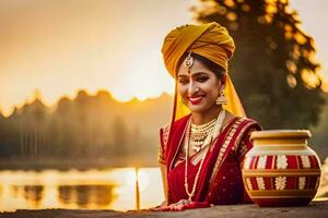 a beautiful indian woman in traditional attire sitting by the water. AI-Generated photo