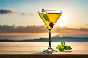 cocktail on the table with sunset in the background. AI-Generated photo