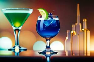 two glasses of different colored drinks on a bar. AI-Generated photo