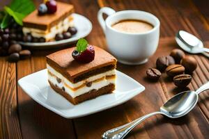 un rebanada de pastel con cerezas y café en un de madera mesa. generado por ai foto