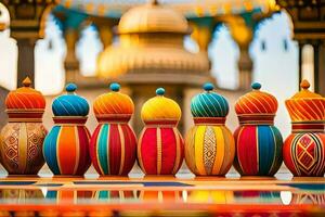 colorful vases lined up in front of a building. AI-Generated photo