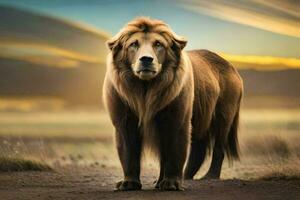 a lion standing in the middle of a field. AI-Generated photo