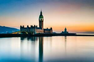 el grande ben reloj torre y parlamento a puesta de sol. generado por ai foto