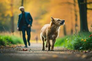 un hombre caminando su perro en el bosque. generado por ai foto