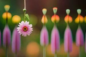 a pink flower is hanging from a string. AI-Generated photo