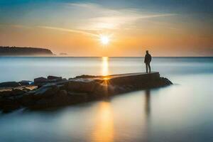 a man standing on a dock looking at the sun setting over the ocean. AI-Generated photo