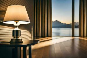 a lamp sits on a table in front of a window. AI-Generated photo