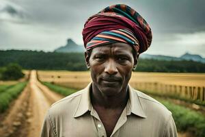 un hombre vistiendo un vistoso turbante soportes en un campo. generado por ai foto