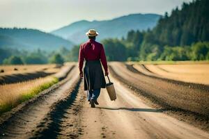 un hombre caminando abajo un suciedad la carretera con un maleta. generado por ai foto