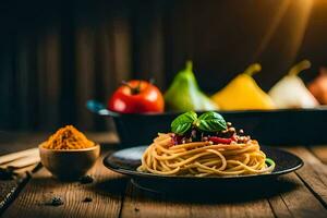 spaghetti with vegetables and spices on a wooden table. AI-Generated photo