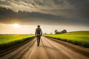 un hombre caminando abajo un suciedad la carretera con un caña. generado por ai foto