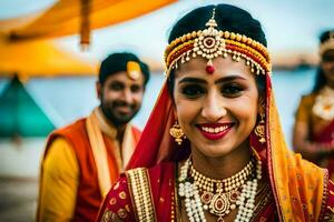 un sonriente novia en tradicional indio atuendo. generado por ai foto
