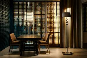 a dining room with a table and chairs. AI-Generated photo