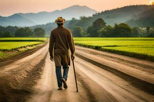 un hombre caminando abajo un suciedad la carretera con un caña. generado por ai foto