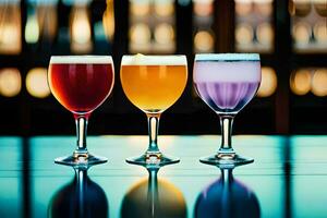 three different types of alcoholic drinks are shown in a row. AI-Generated photo