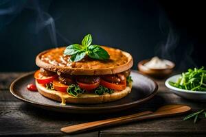 a sandwich with cheese, tomatoes and herbs on a wooden table. AI-Generated photo