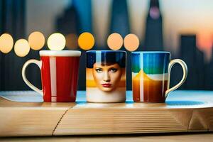 three coffee mugs with different designs on them. AI-Generated photo