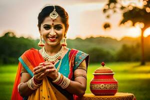 a woman in traditional indian attire is holding a pot. AI-Generated photo